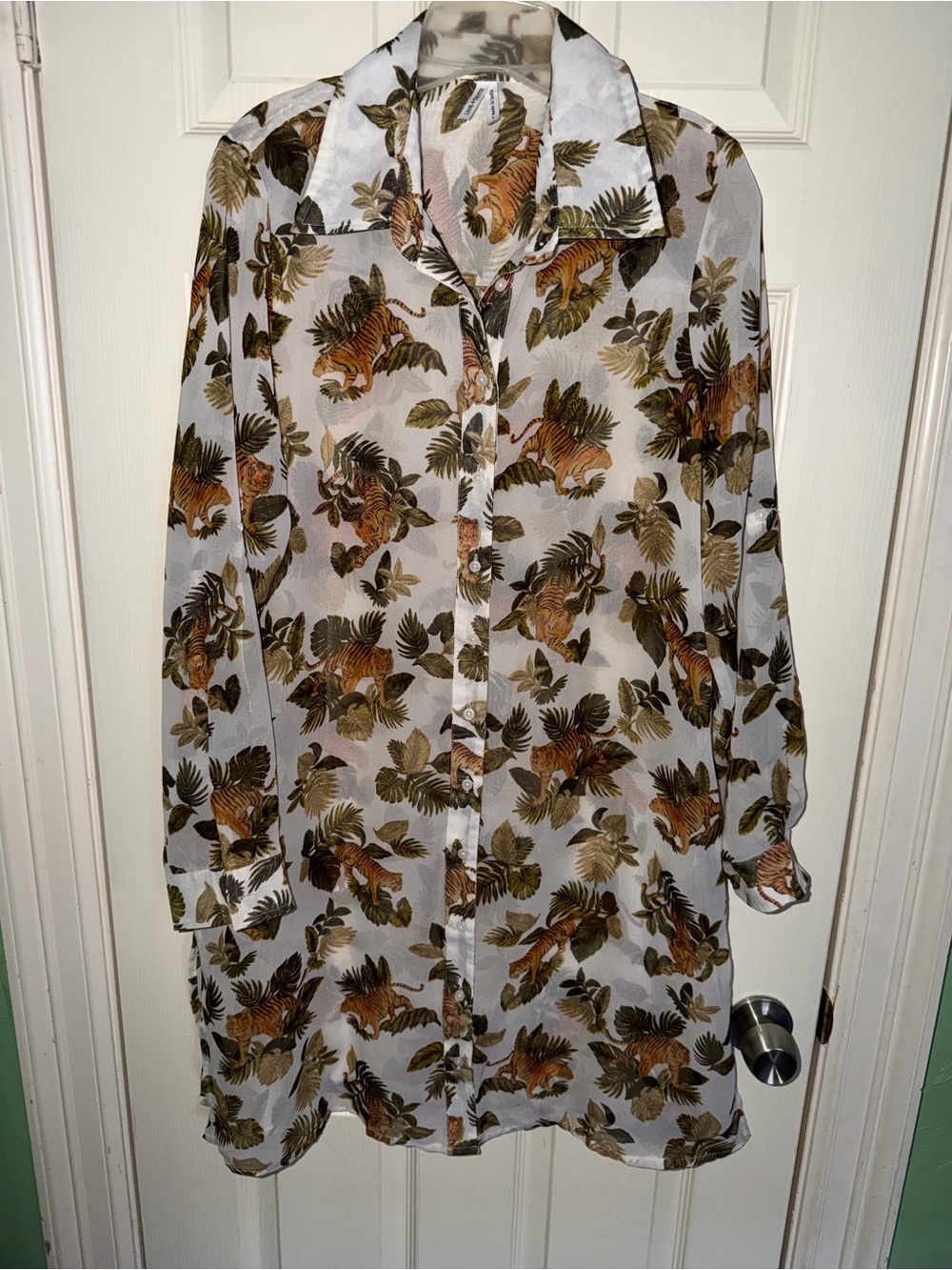 Sheer White Tiger Print Button-Down Dress - Large